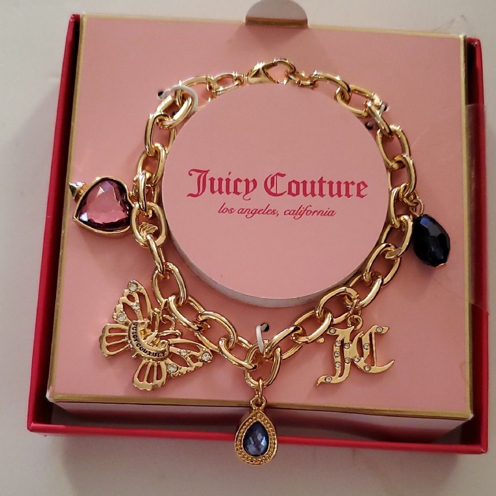 Juicy Couture Gold Bracelet with Heart & Jewel Charms New In Box 18"